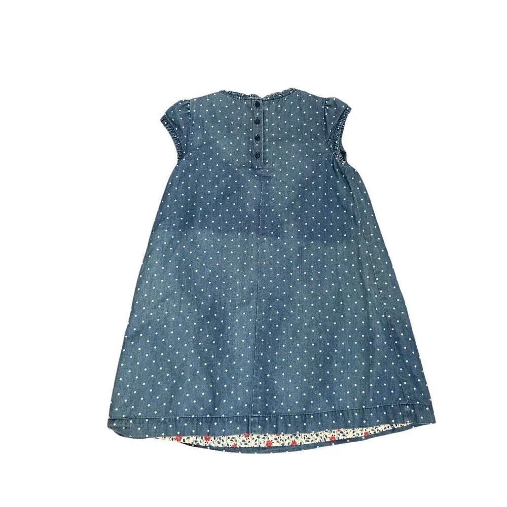 Girls Blue Polka Dot Denim Dress With Floral Lining Cap Sleeves & Button Back Cl